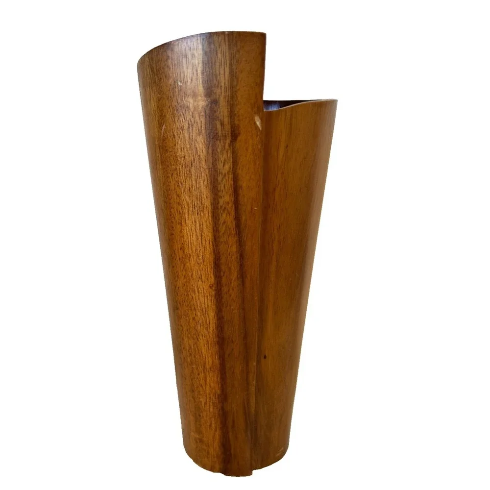 Crate and Barrel Maganda Cylinder Acacia Wood Vase Asymmetrical Design Decor 12